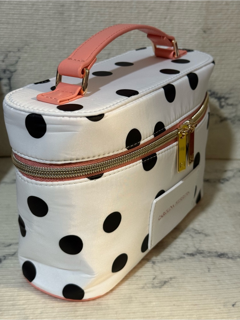 Carolina Herrera Beauty White Polka Dot Cosmetic Case with Pink Top Handle - Picture 9 of 16